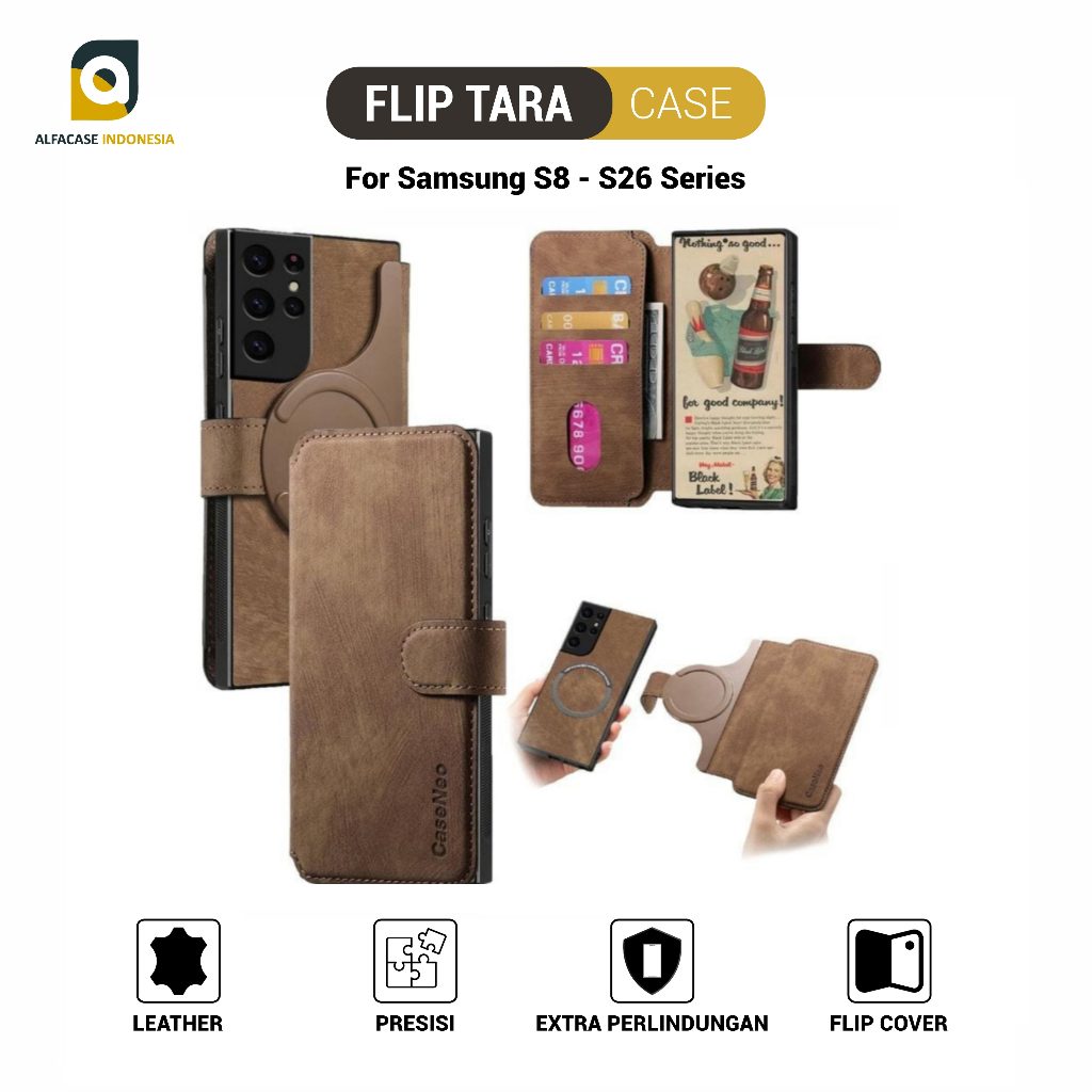 ALFACASE Flip Tara Leather Case Samsung S8 S9 S10 S20 S21 S22 S23 S24 S25 S26 Plus Fe