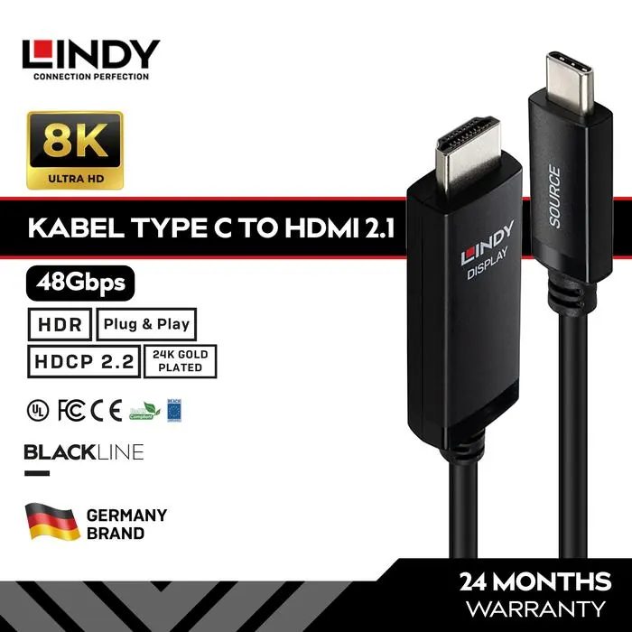 LINDY Kabel USB Type C to HDMI 2.1 8K 60Hz 4K 144Hz 48Gbps HDR DP Alt Mode, 1-5 Meter