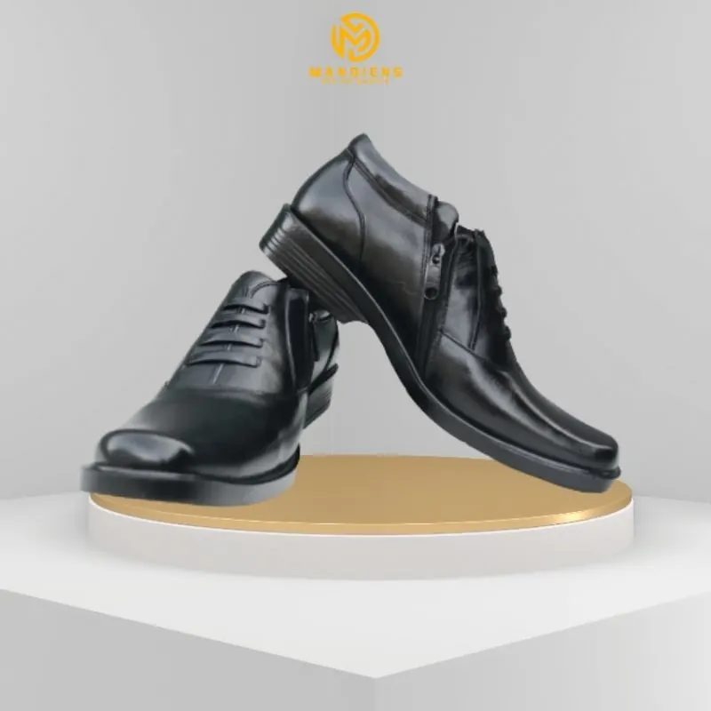 MANDIENS 02B - Sepatu Kulit Oxford Pria Pdh Pendek Kulit Asli Hitam Dof Resleting Tali Mati