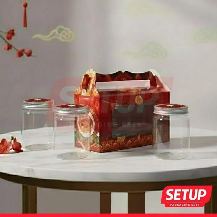 Paket Hampers Imlek Premium Gable Box + 3 Toples Bening Tutup Aluminium Silver + Stiker