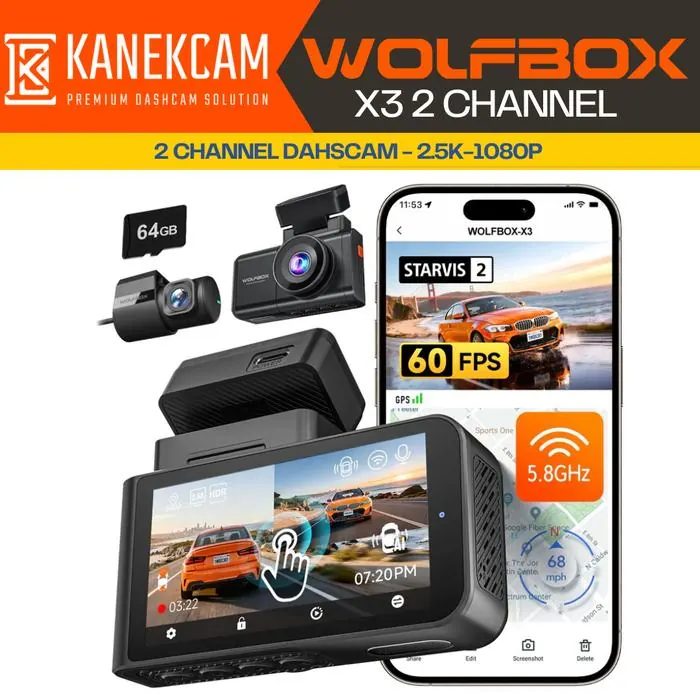 Dashcam Wolfbox X3 2Channel Kamera Mobil Mirror 2.5K 60fps 2 Camera Sony Starvis IMX675
