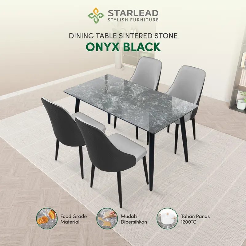 STARLEAD Set Meja Makan Batu Sinter Minimalis Sintered Stone - Kaki Besi Kokoh Modern