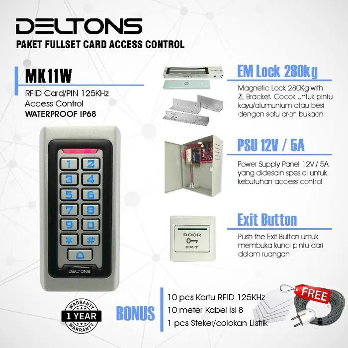 Paket Access Control MK11W Indoor -Outdoor Magnetic Lock 280Kg + PSU 12V/5A,Exit Button &