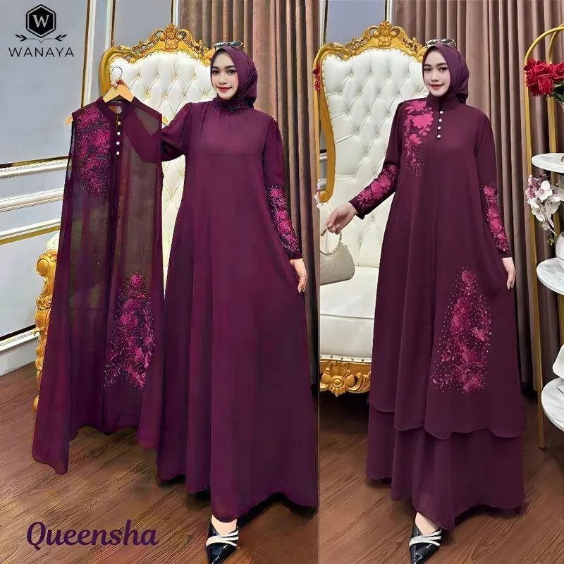 Queensha Gamis Ceruty Babydoll Motif Bordir & Peyet Eksklusif Full Furing Outer Terpisah