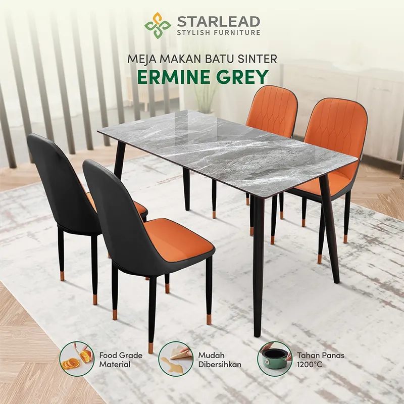 STARLEAD Set Meja Makan Batu Sinter / Sintered Stone Dining Table - Snow White / Ermine