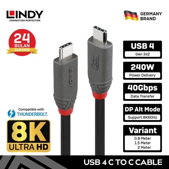 Kabel Data Type C LINDY USB 4 Gen 3x2 40Gbps Fast Charging Cable Audio Video PD 48V 5A