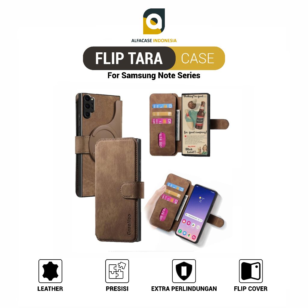 ALFACASE Flip Tara Leather Case Samsung Note 9 10 20 Plus Ultra - Casing Series