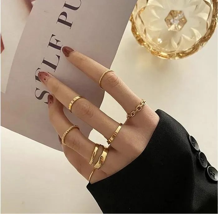 Cincin Magdalena 7 in 1 Set Ring 7pcs / Set Rantai Emas Model Terbuka Gaya Retro Korea