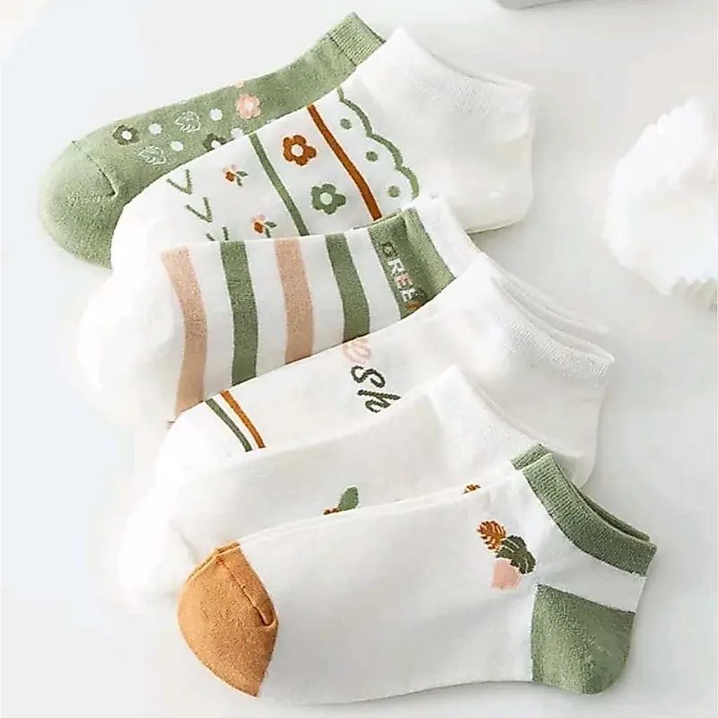 5PASANG Kaos Kaki Wanita Motif Green Leaf / Pendek Korea Lucu Adem