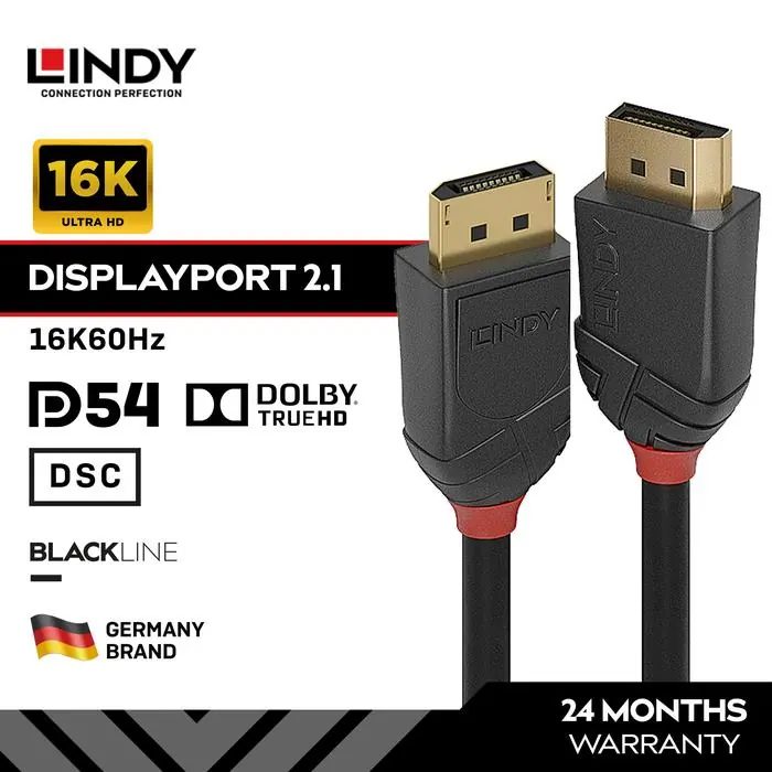 LINDY Kabel DisplayPort DP 2.1 54Gbps 16K 60Hz Pin Gold Plated Male to Black Line, 5 Meter