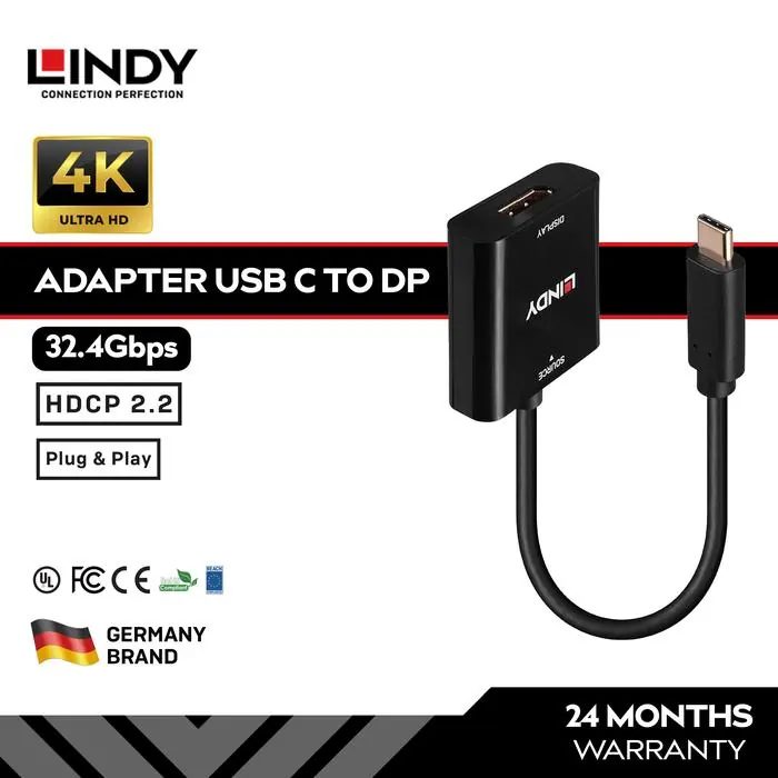 LINDY Adapter USB Type C To DisplayPort 1.4 4K 144Hz Converter Thunderbolt DP Alt Mode