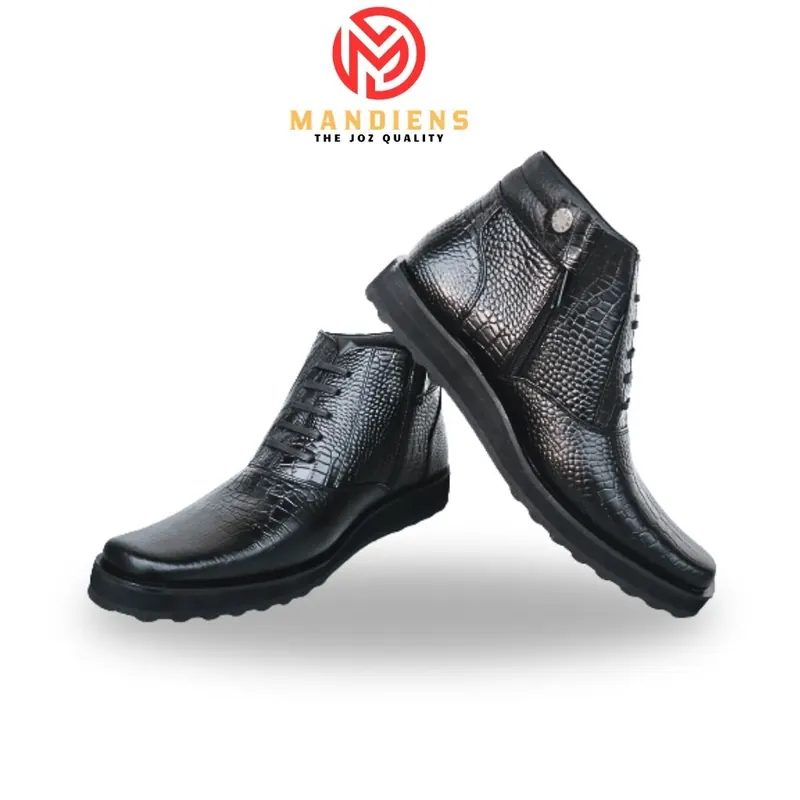 Mandiens S173FB - Sepatu Pdh Pria Kulit Sapi Asli Hitam Motif Buaya - Sepatu pdh Satpam TNI polri
