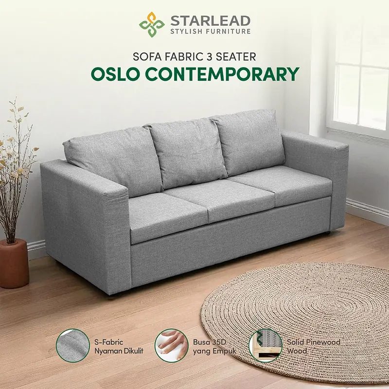 STARLEAD Sofa Oslo Contemporary 3 Seater Fabric Modern Minimalis Kain 3 Seat Furnitur