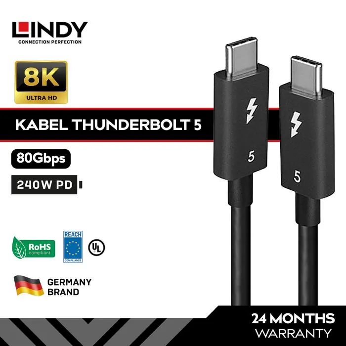 LINDY Kabel Thunderbolt 5 USB-C 80Gbps PD 240W 8K 60Hz USB4 DisplayPort 2.1 Original, 1