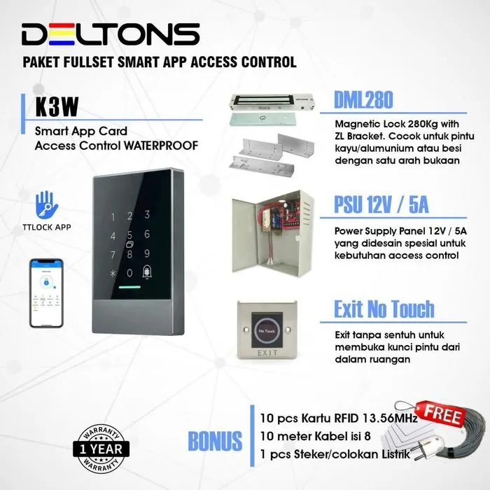 Door Access Control K3W Deltons Smart Lock APP Akses Pintu EM TTLock Waterproof