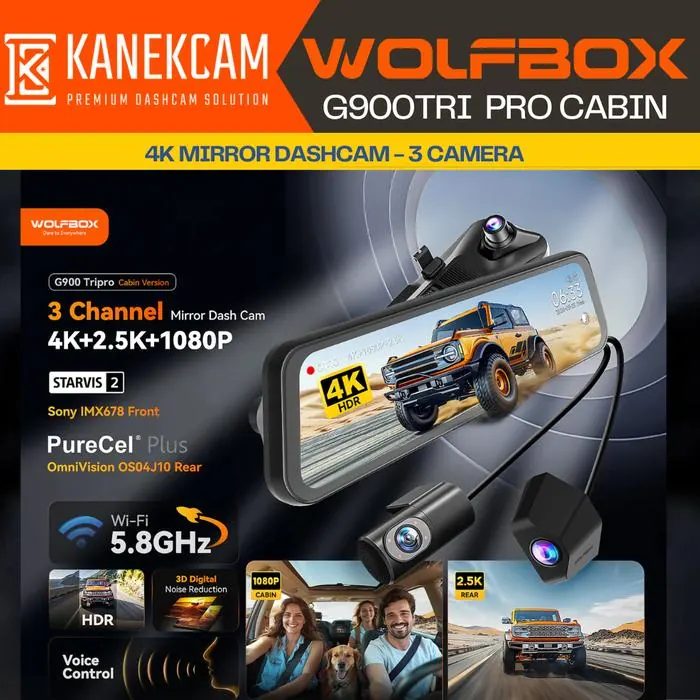 Dashcam Wolfbox G900Tri Pro Kamera Mobil Mirror 4K 3 Camera Sony Starvis IMX678 PureCel