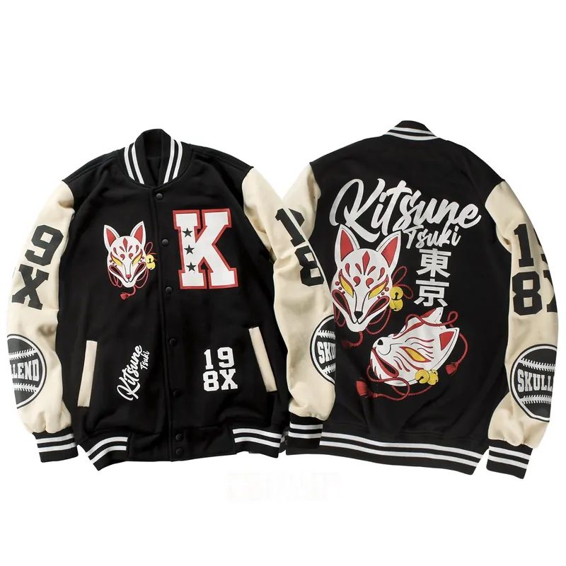 SKULLEND Varsity Jaket Baseball Kitsune Hitam Unisex Pria Wanita