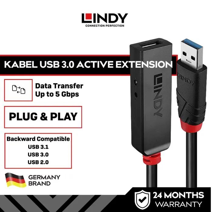 LINDY Kabel USB 3.0 Active Extension 3M 5Gbps Extender Original, 43400