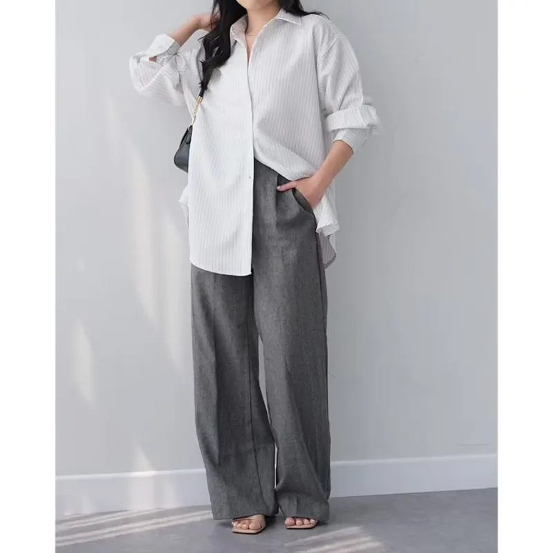 Kemeja Salur Oversize Semiwool Premium - Atasan Formal Wanita Stripe - Basic Collar Shirt