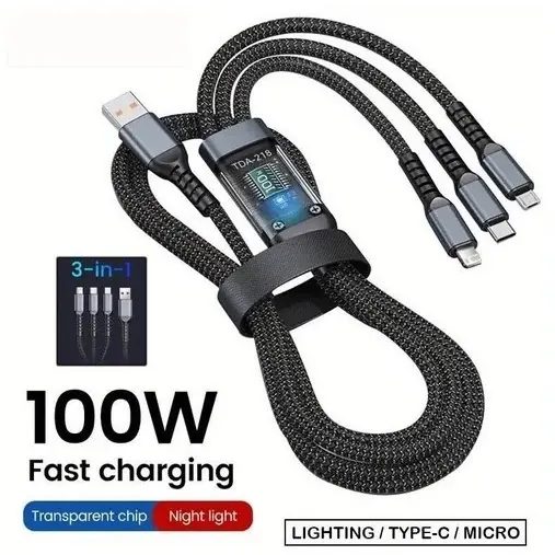 Kabel Charger Data 100W 3 in 1 usb type c micro lightning 3 in 1 premium