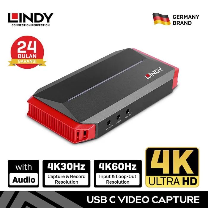 Lindy 43377 Video Capture Card USB Type C To HDMI 4K With Audio & Microphone Live Stream