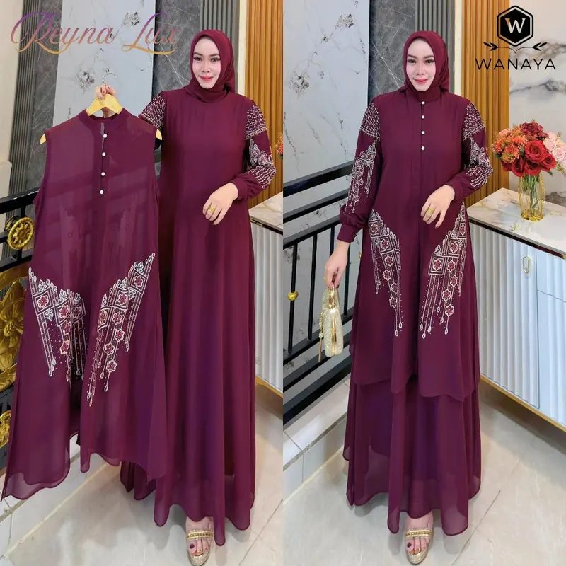 Reyna Lux Gamis Premium Ceruty Babydoll Dua Layer Lepas Pasang Gratis Jilbab Full Bordir