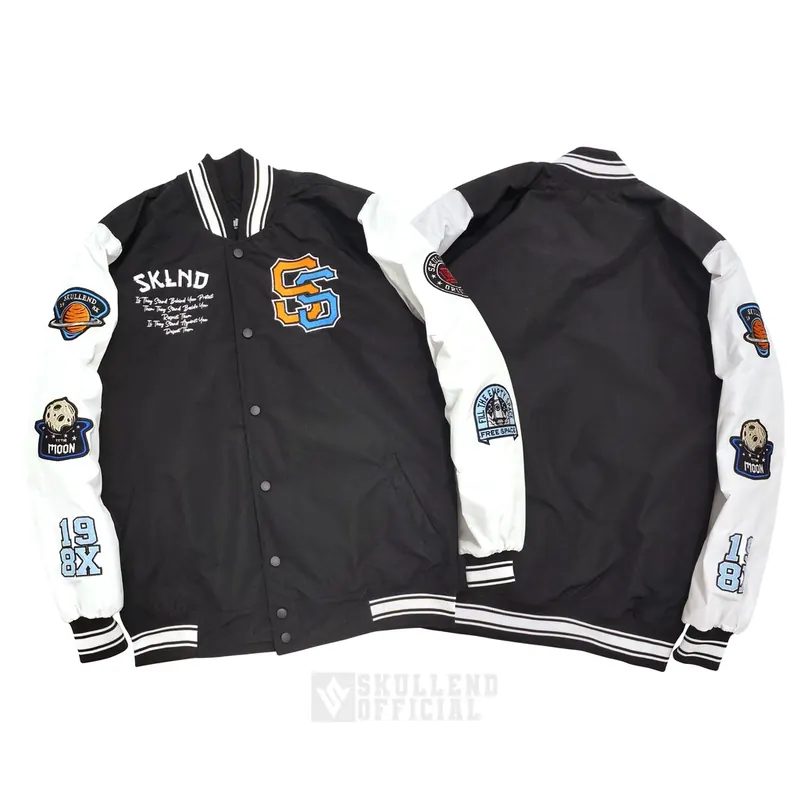 SKULLEND Jaket Varsity Baseball Vintage Unisex Pria Wanita Premium Full Bordir Hitam