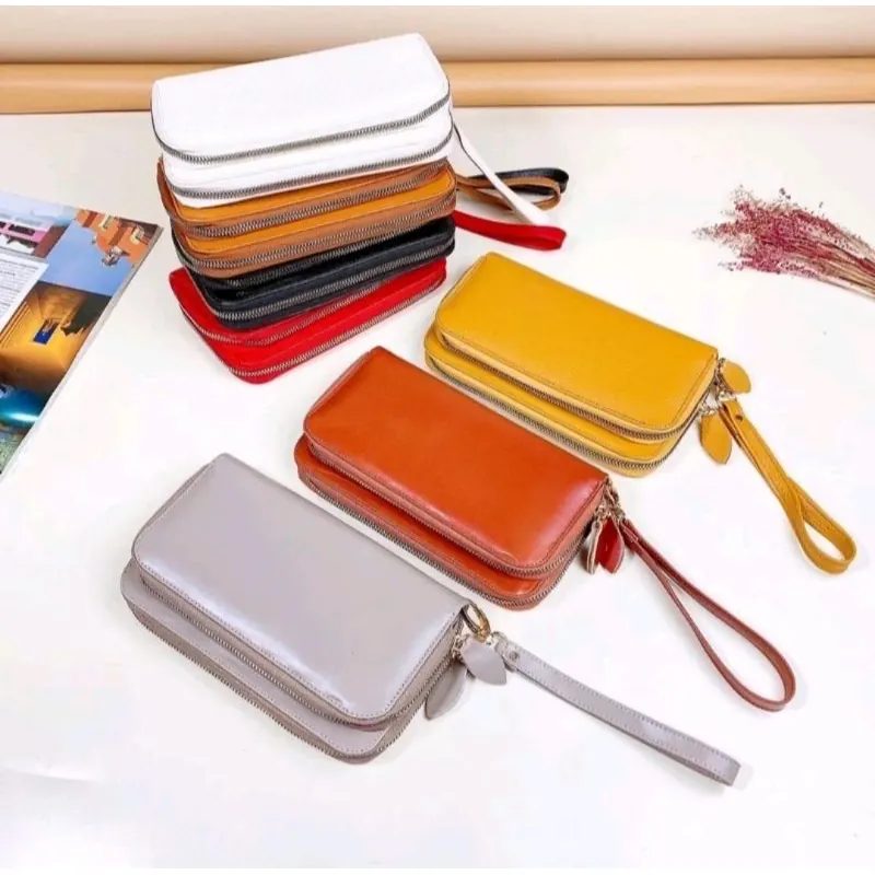 Dompet kulit wanita dua ziper resleting bahan asli papirut