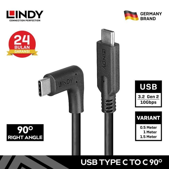 Kabel Type C LINDY USB 3.2 C to C 90 Degree 10Gbps PD 2.0 60W Right Angle Cable