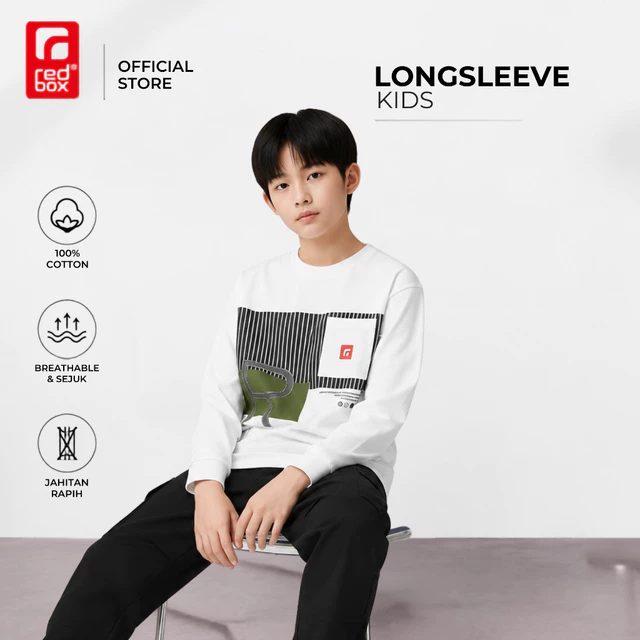 Redbox - kaos anak tangan panjang tanggung remaja junior usia 9-17tahun warna putih