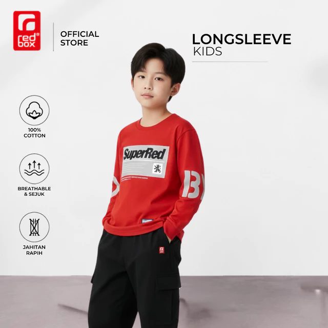 Redbox-Kaos Tangan Panjang Anak Tanggung Remaja Junior Usia 9-17 Tahun Distro MERAH