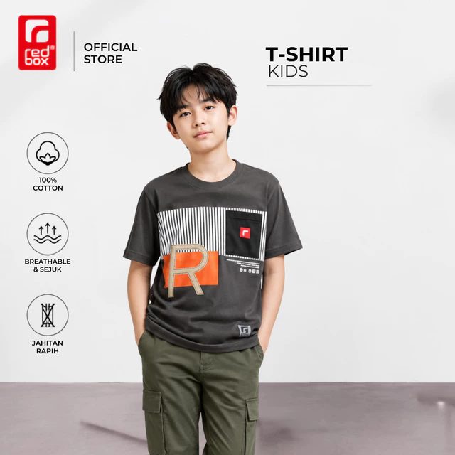 Redbox - Kaos anak laki tanggung remaja junior usia 9-17 Tahun warna Abu Tua Premium