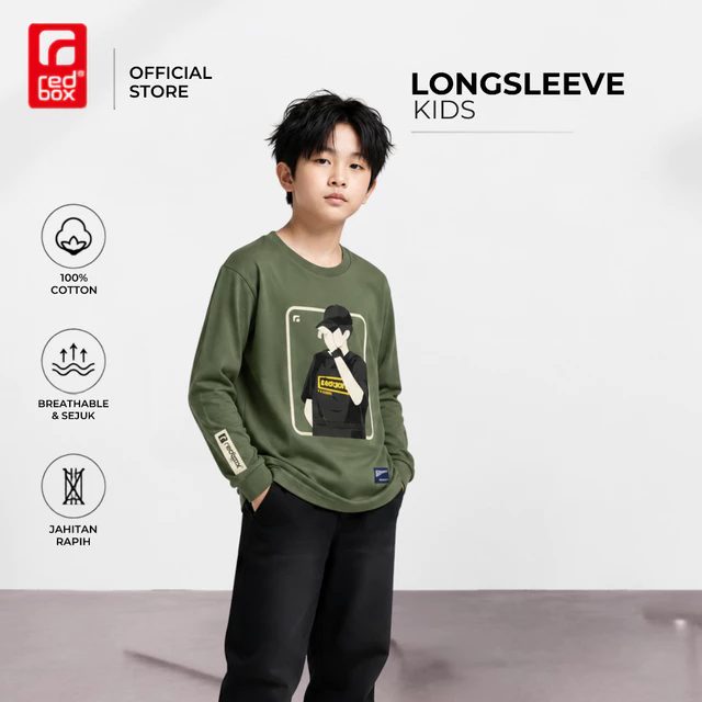 Redbox - kaos anak tangan panjang tanggung remaja junior usia 9-17tahun warna Army Premium