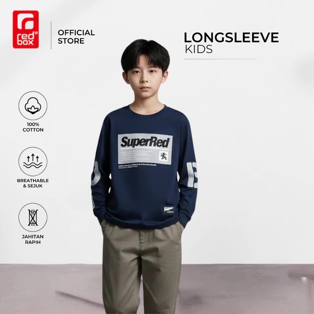 Redbox-Kaos Tangan Panjang Anak laki Tanggung Remaja Junior Usia 9-17 Tahun SuperRed