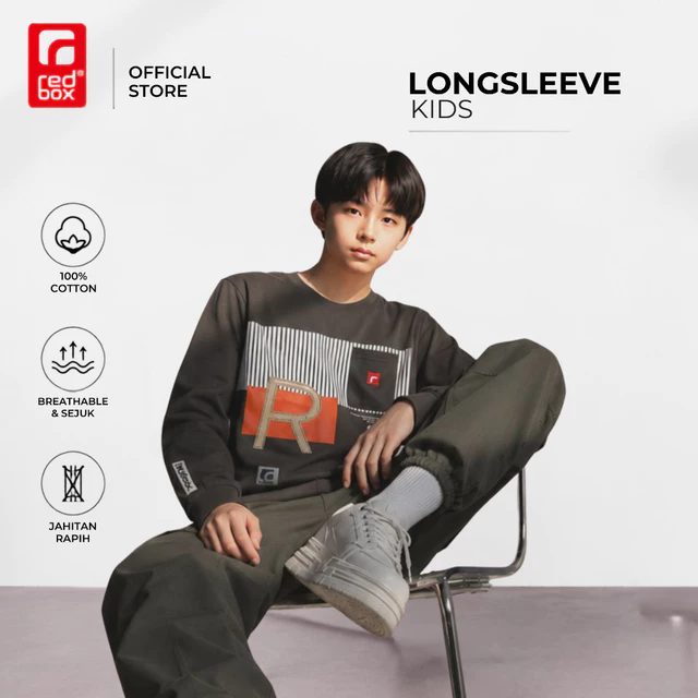 Redbox - kaos anak tangan panjang tanggung remaja junior usia 9-17tahun warna abu tua