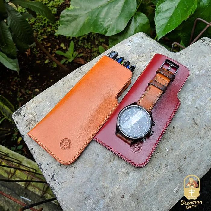 Leather Pen Case 1 Fountain Sleeve Watch Jam Tangan kulit asli