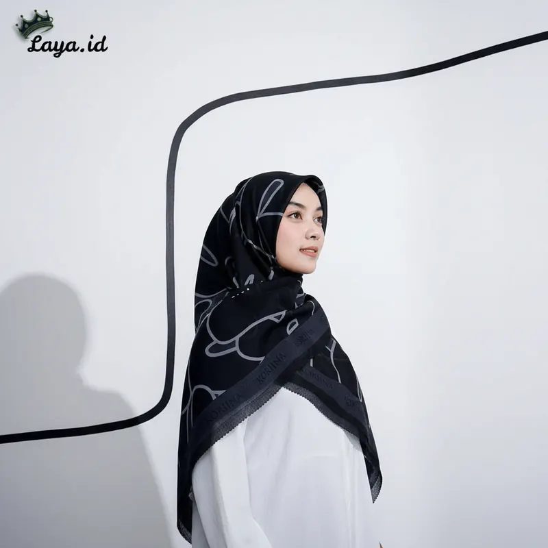 LAYA - Hijab Segiempat Voal Premium Motip Hitam Koriina Anti Lepek Daily