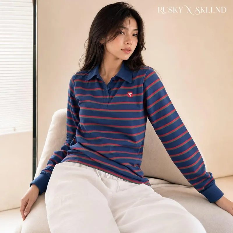 Rugby Kaos Oversize Motif Garis Berkerah Cotton 24s RUSKY Basic Polo Wanita Lengan