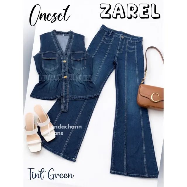 LYNDACHANN - 2in1 ZAREL TINT GREEN Oneset Premium Setelan Wanita bahan Jeans Melar