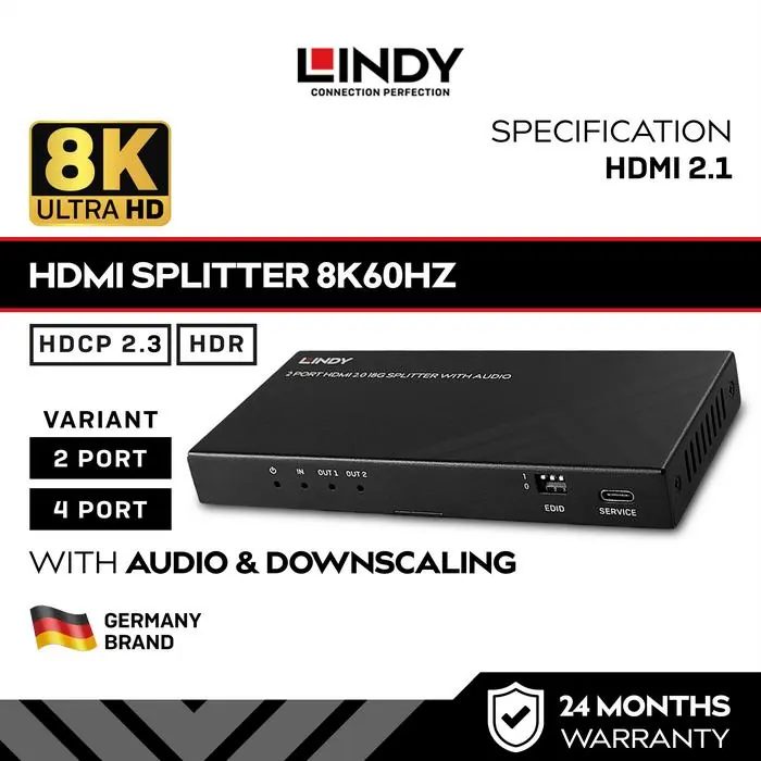 Lindy Splitter HDMI 2 Port & 4 8K60Hz dengan Audio & Downscaling HDCP 2.3 HDR10+