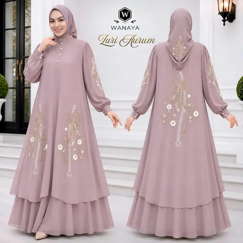 Zuri Aurum Gamis Rompi Premium Plus Hijab Ceruty Babydoll 2 Layer Lepas Pasang Hiasan