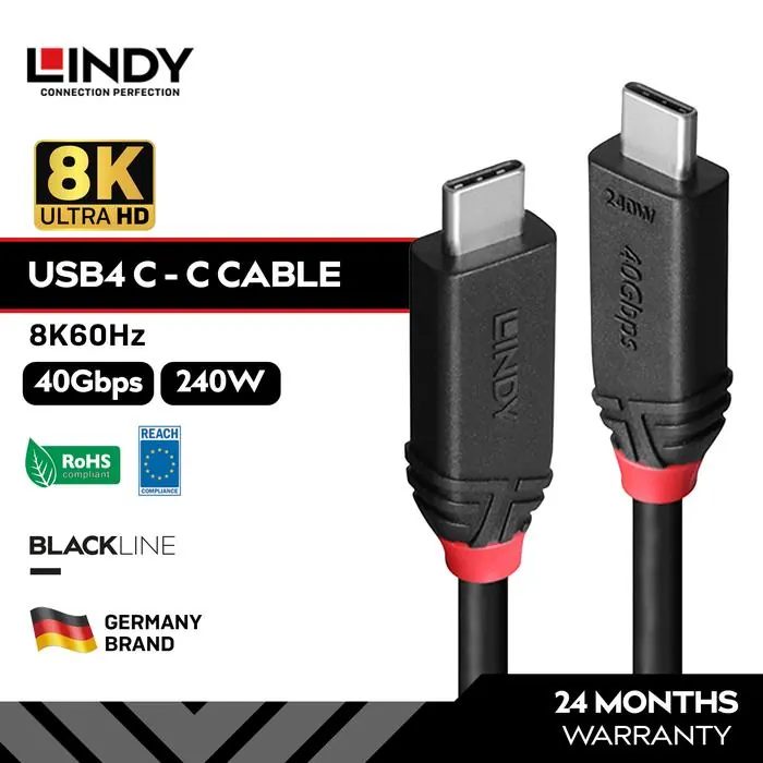 LINDY Black Line Kabel Data USB 4 Charger Type C 40Gbps 240W PD 3.1 8K 60Hz 0.5M 1M 2M