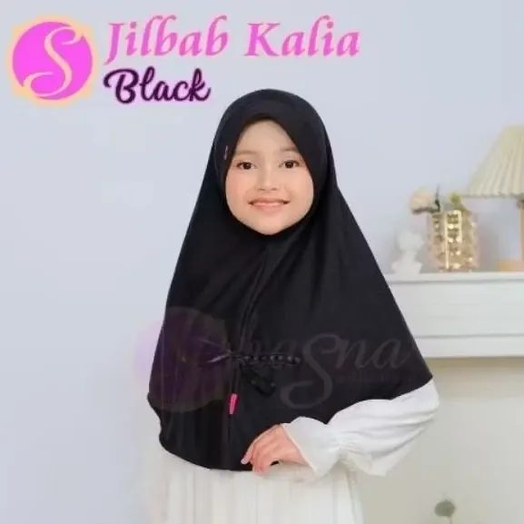 Hijab Instant Kalia Black Series Bergo Bahan Kaos Anak Usia 5-15 Tahun