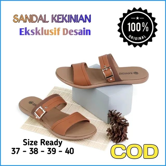 Sandal Wanita Premium Kekinian Selop Kulit Sintetis Flat Nyaman (Type RJ05)