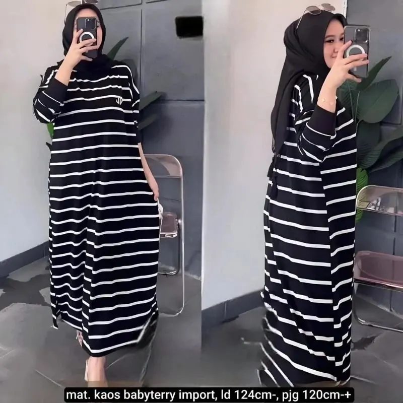 Midi Dress Salur Muslimah Santai, Lengan Panjang Bahan Kaos Babyterry Nyaman untuk Ibu