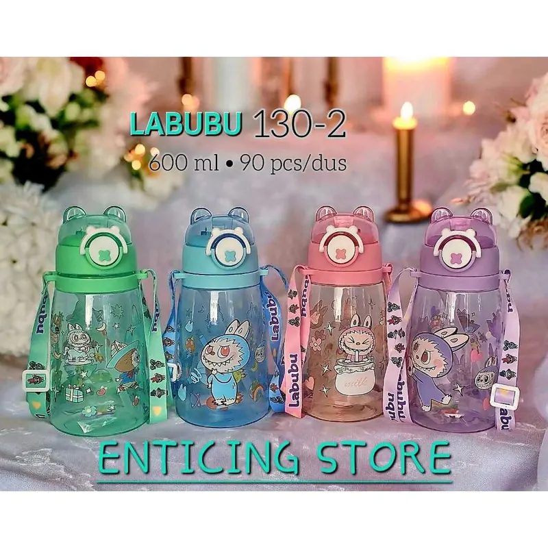 Botol Minum Anak Karakter Labubu 600ML + Tali Panjang Anti Tumpah Free Sticker