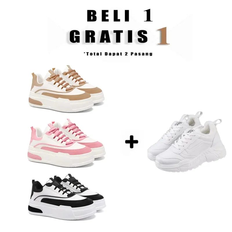 Beli 1 Gratis 1 Sepatu Sneakers Wanita 3 Warna Mocca Pink Hitam Akhir Tahun