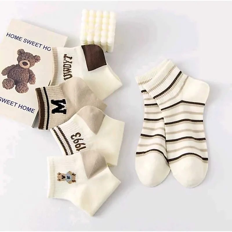 5PASANG Kaos Kaki Pendek Wanita Warna Coklat Motif 1993 / Korea Lucu Adem Nyaman
