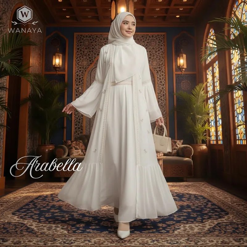 Abaya Arabella Ceruty Babydoll Pakaian Remaja Muslimah Bordir Elegan Resleting Depan