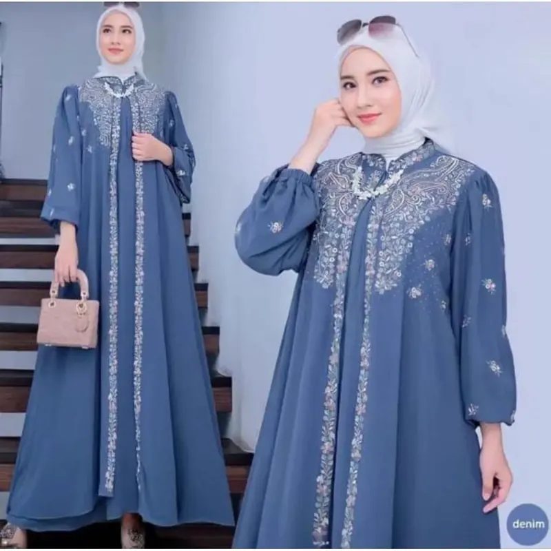 Gamis dua layer crinkle airflow mix bordir, resleting depan, lengan karet, simple, anggun